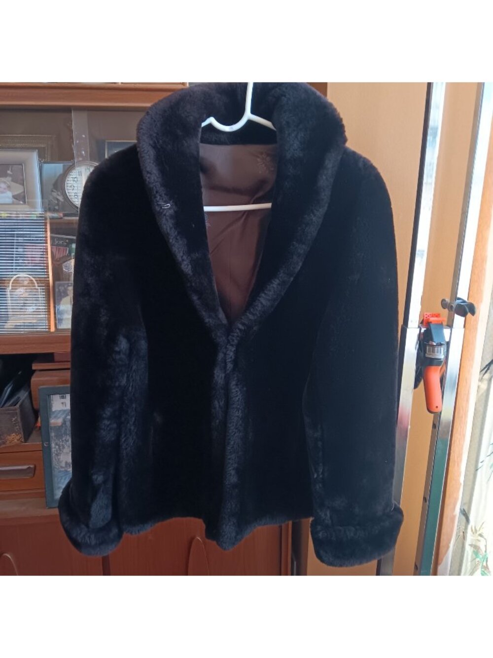 Vintage Black Mouton Fur Coat Shawl Collar 1950's Shearling Womens Small Med